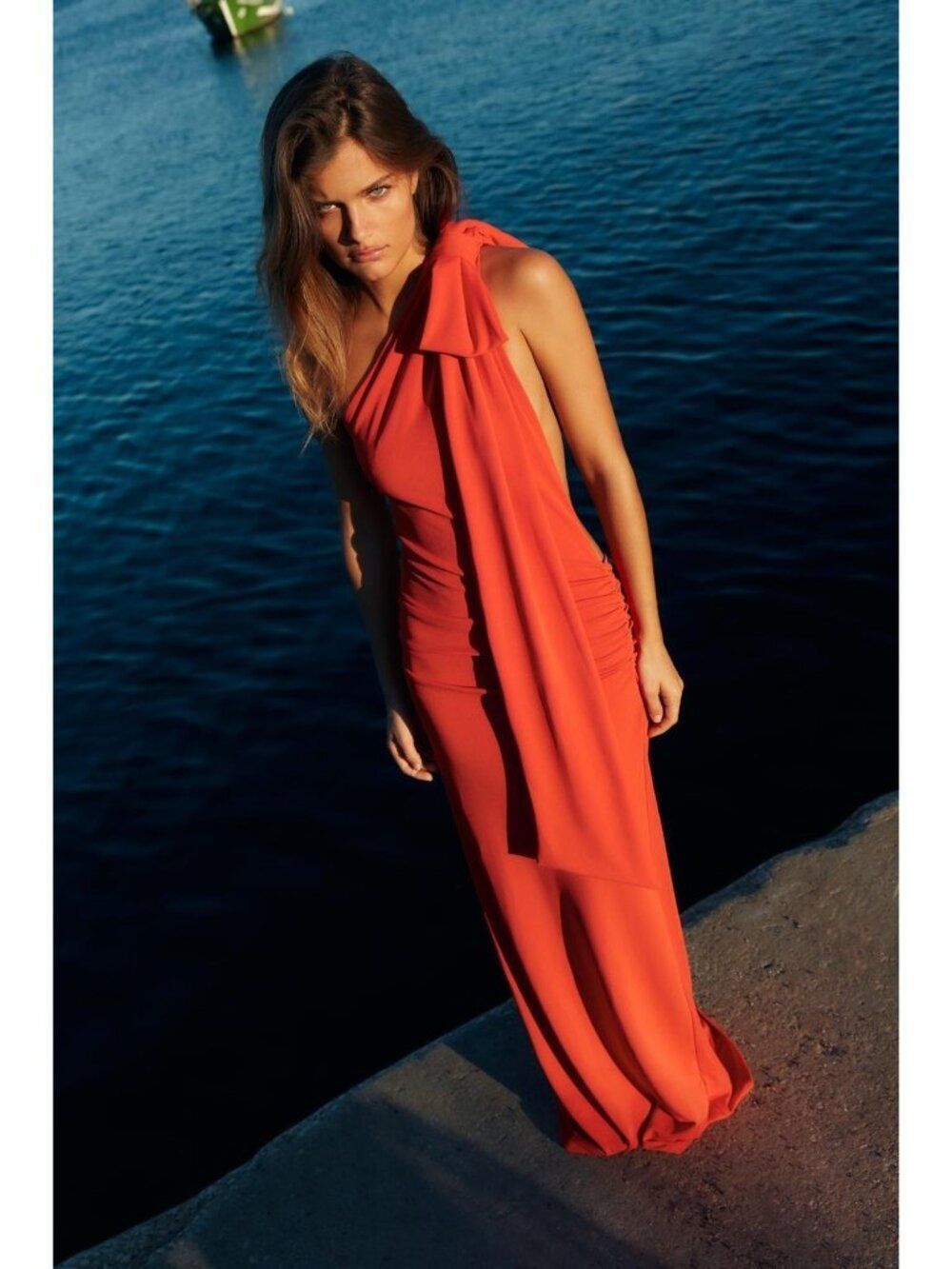 Zara Womens Maxi Dress L Red  Coral Open Back one shoulder cocktail 3152/208 NWT